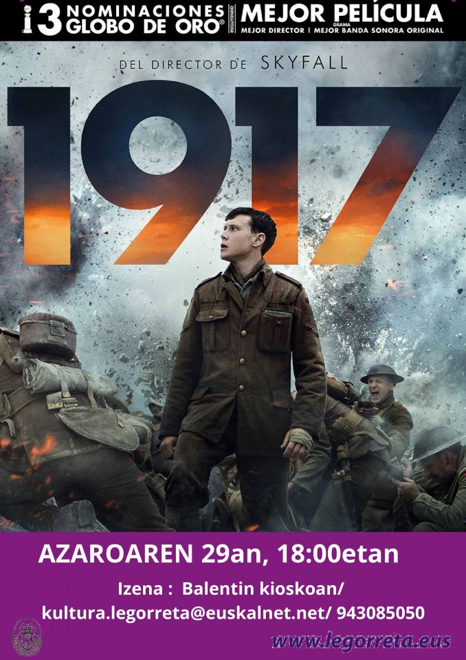 Se proyectará la película "1917" el domingo