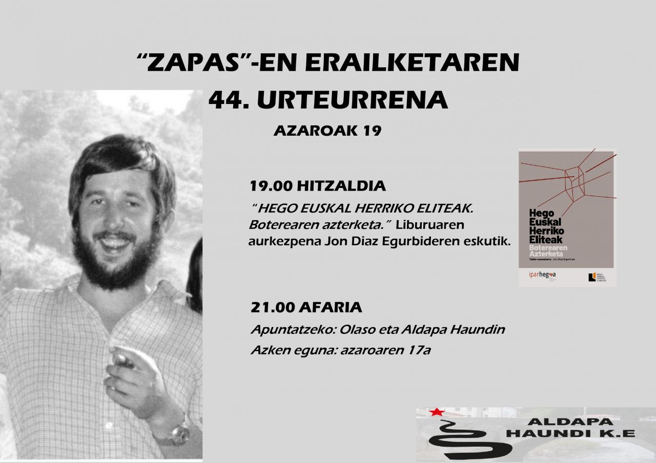 Aldapa Haundi elkarteak Zapasen erailketaren 44. urteurrena gogoratuko du larunbatean