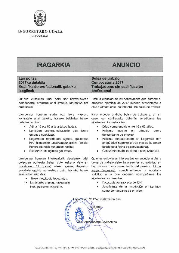 Convocatoria para formar la bolsa de trabajo