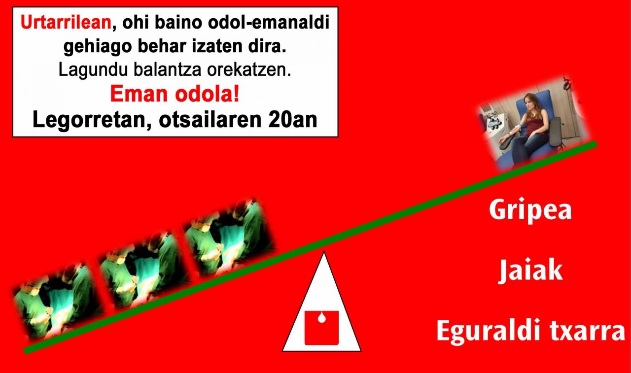 Odol falta dagoela nabarmendu du Euskadiko Odol eta Ehunen Zentroak